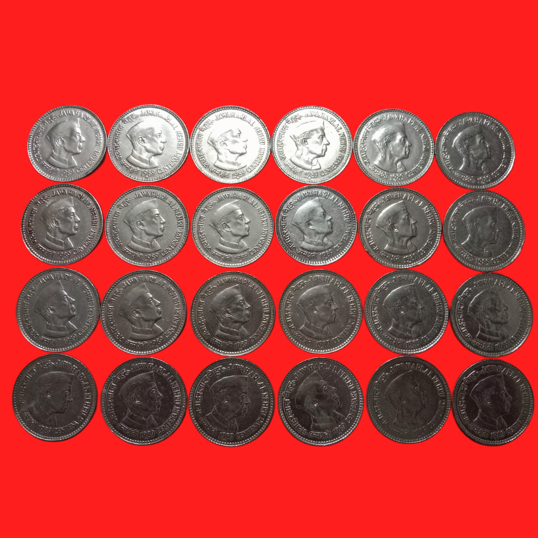 Rs 5 jawahar lal nehru copper nickel 24 coins lot 1989 year - Collection Bazzar