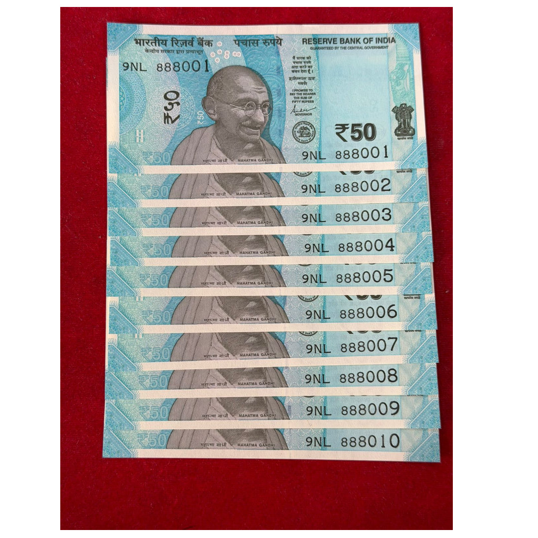 Rs 50 Fancy Consecutive Notes Set – 888001 to 888010 collectible - Collection Bazzar