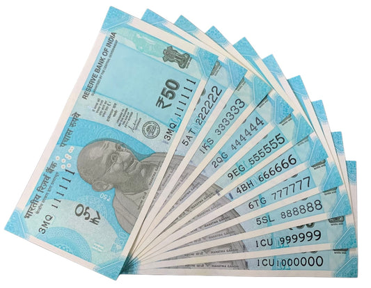 Rs 50 Fancy Number Note 10 note  Set – Rare 7-Digit Series (100000 to 900000 | 1111111 to 1000000 | 1 Million Serial Collection | RBI Original UNC Notes) - Collection Bazzar