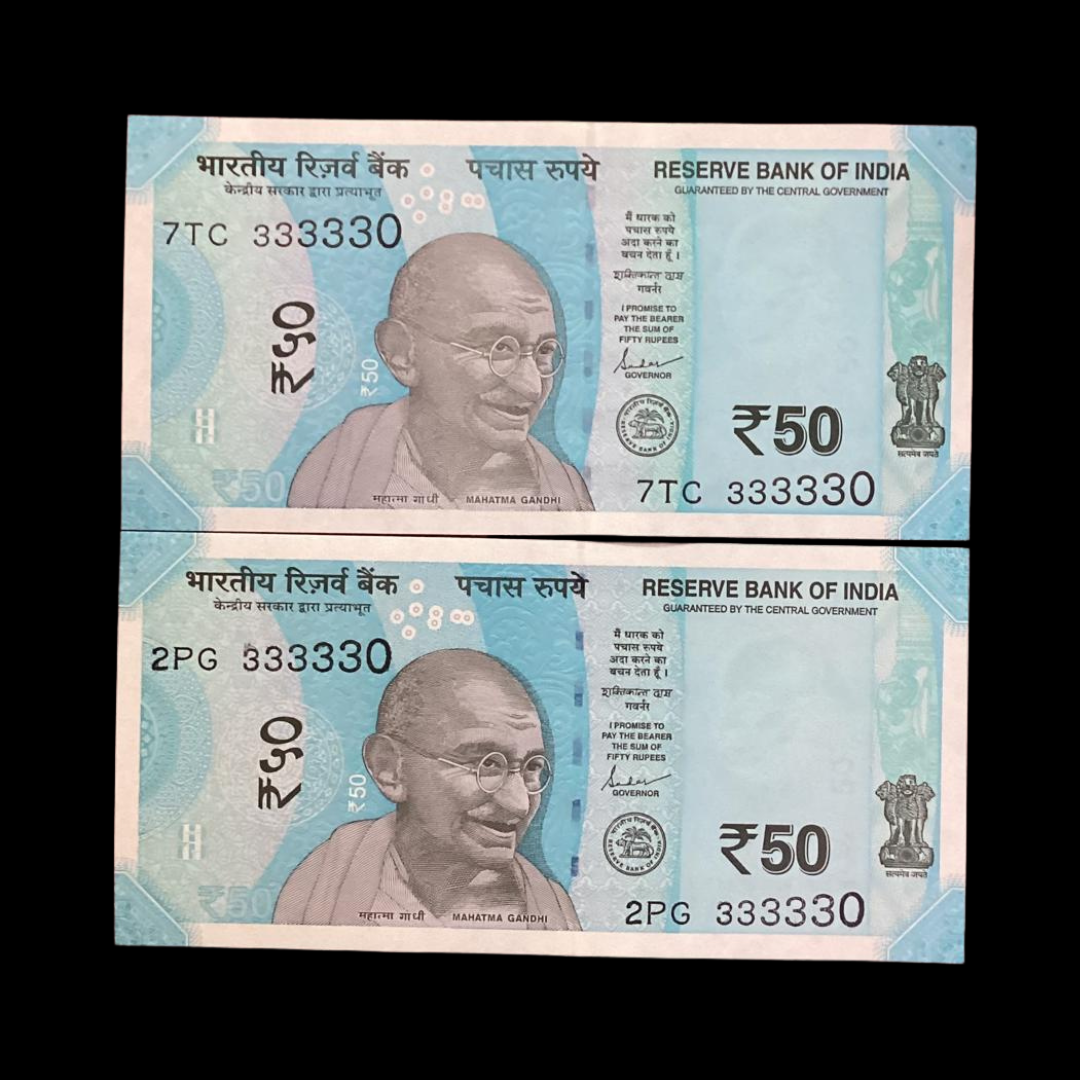 Rs 50 Note Serial 333330 Type All Solid 33333X 2 Note Price - Collection Bazzar