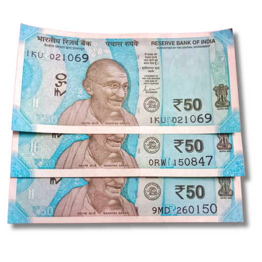 Rs 50 Note Set – Patriotic Dates: 260150, 150847, 021069 rare - Collection Bazzar