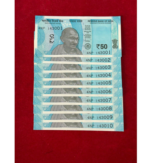 Rs 50 same prefix 143001-143010 I love you  number set rare collectible - Collection Bazzar