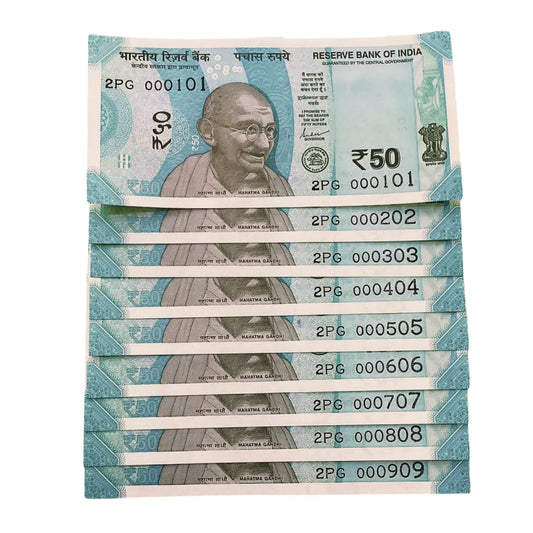 Rs 50 note set 000101-000909 rare collectible - Collection Bazzar