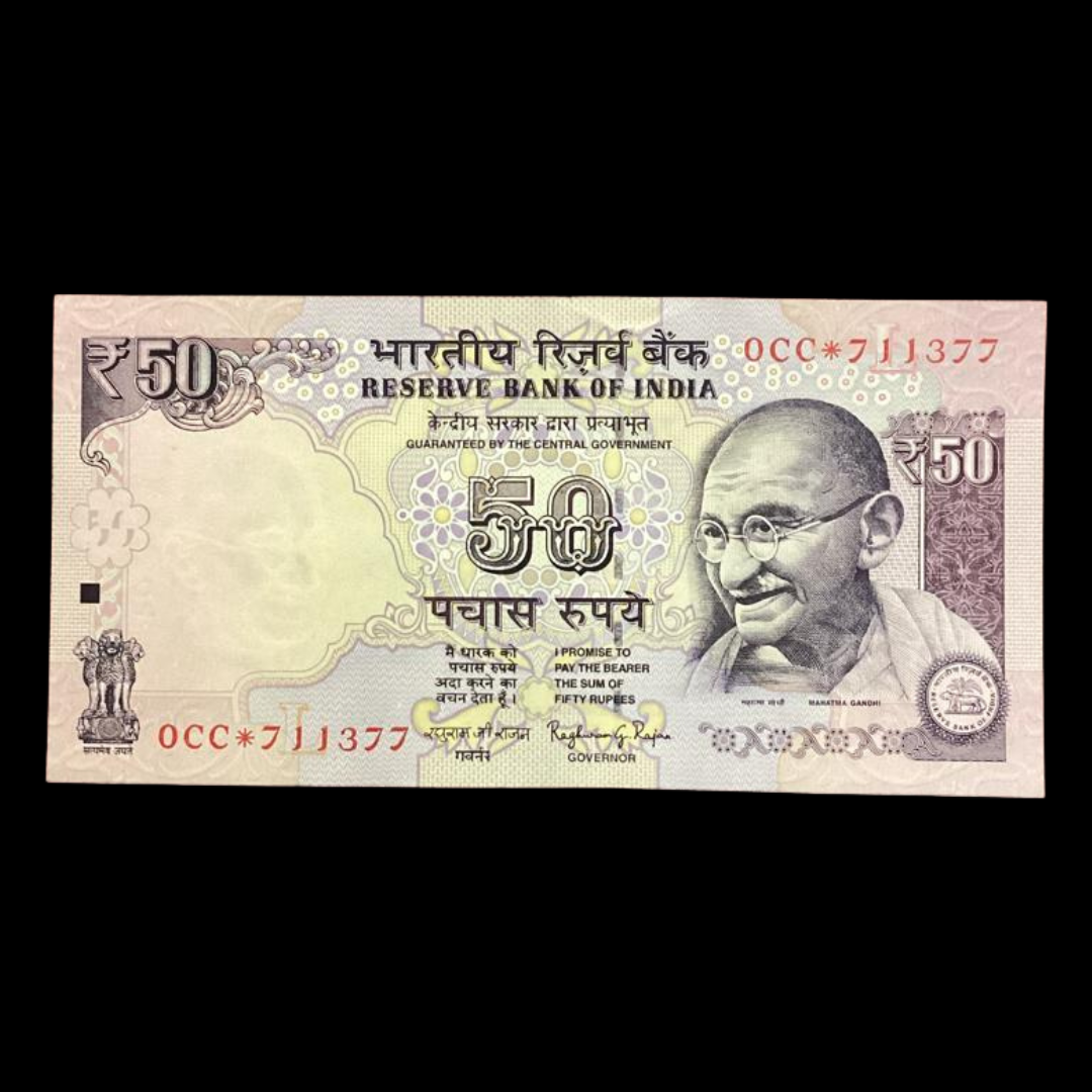 Rs 50 Old Note Parliament Star Note 711377 Serial Raghuram Rajan - Collection Bazzar
