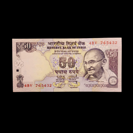 Rs 50 Old Parliament Flag Note 765432 Reverse Ladder Number - Collection Bazzar