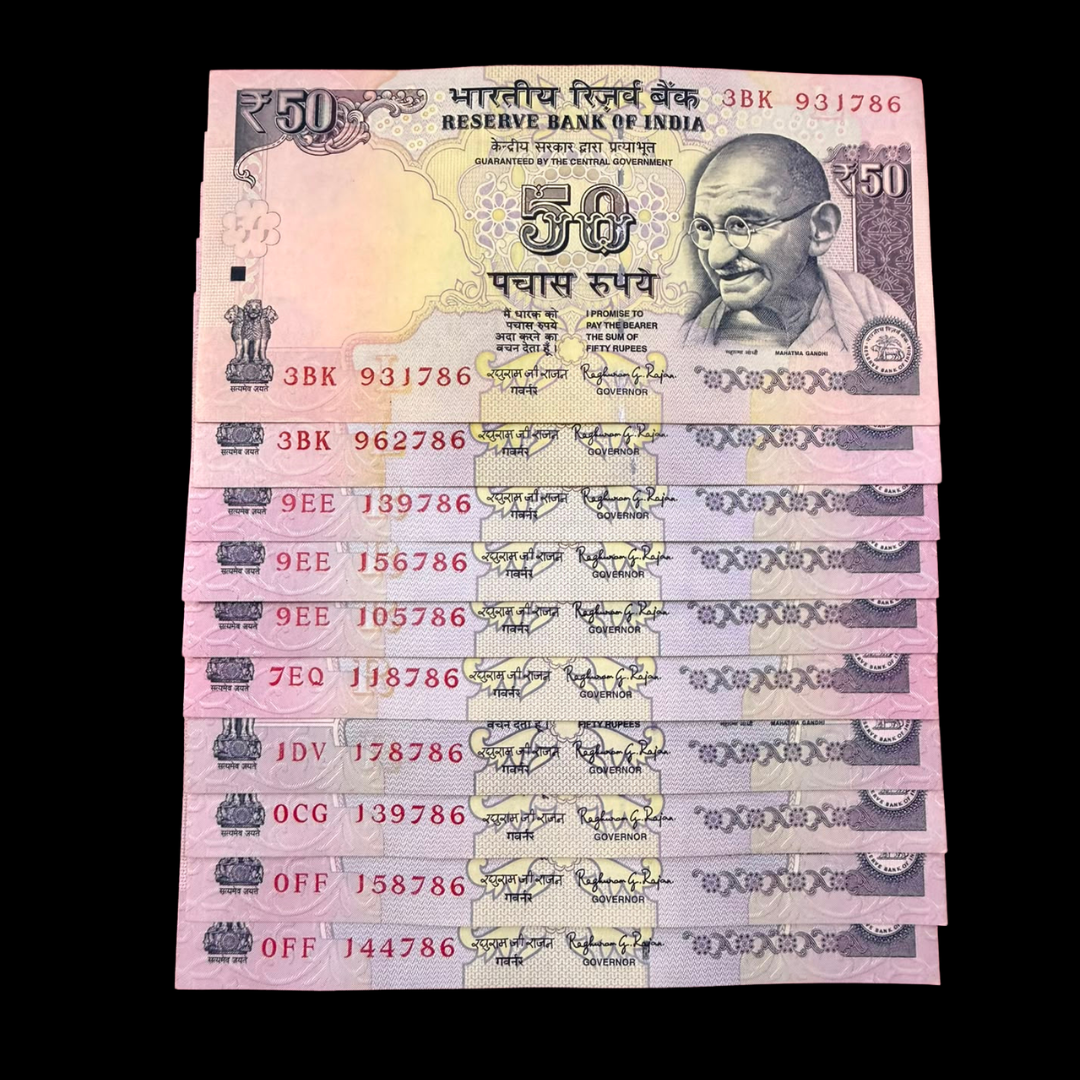 Rs 50 Old Set of 10 Notes Ending 786 Holy Bismillah Number Rare - Collection Bazzar