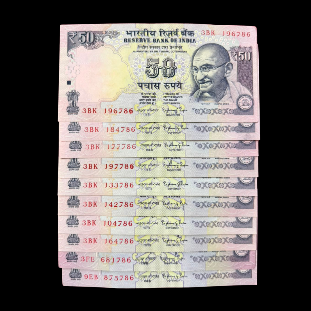 Rs 50 Old Set of 10 Notes Ending 786 Holy Bismillah Number Rare - Collection Bazzar