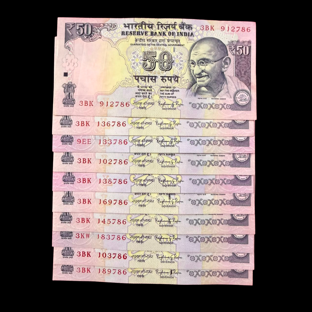 Rs 50 Old Set of 10 Notes Ending 786 Holy Bismillah Number Rare - Collection Bazzar
