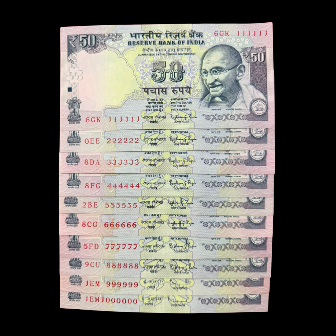 Rs 50 Old Set of 10 Notes Solid Number 111111-999999 Include 10lakha - Collection Bazzar