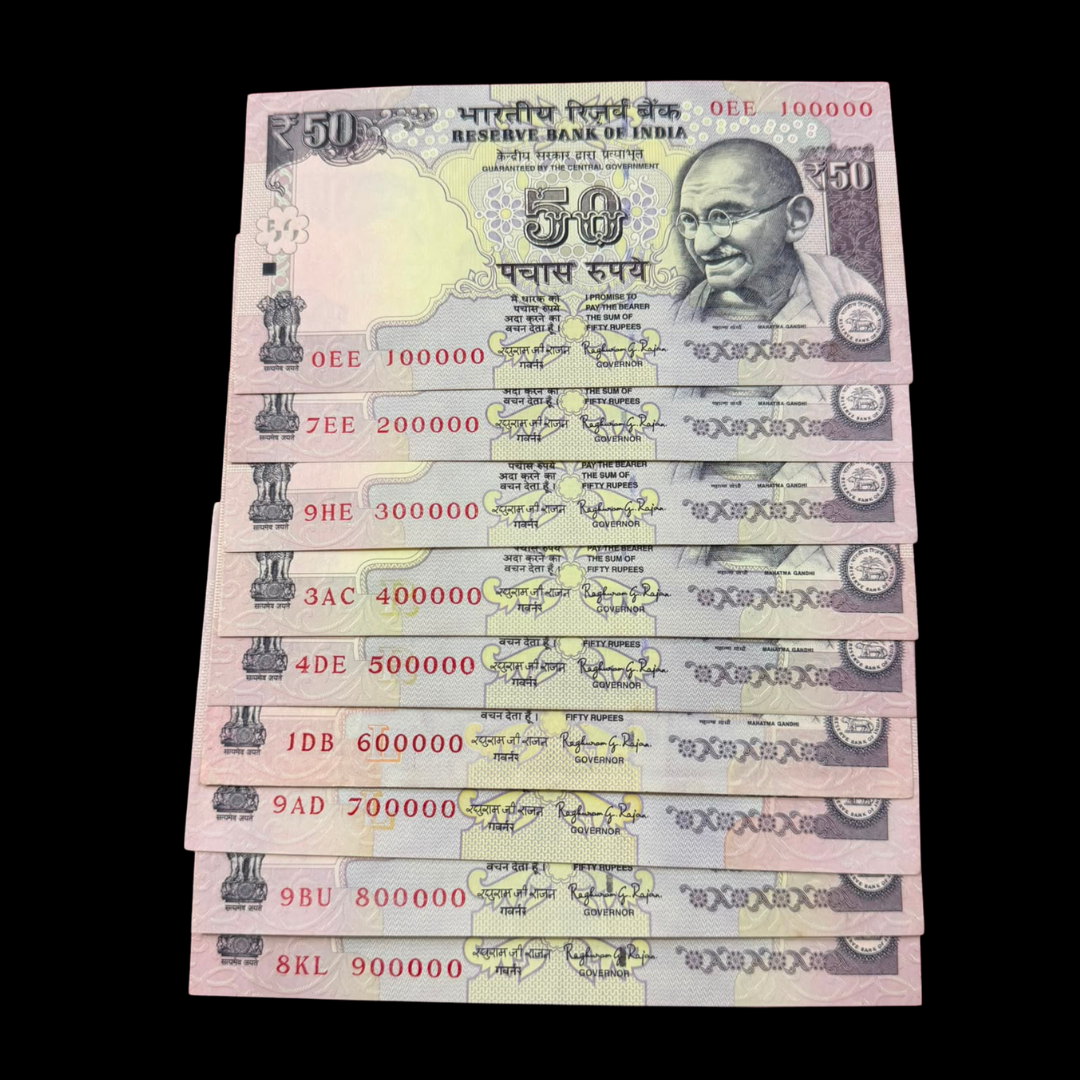 Rs 50 Old Set of 9 Notes Lakha Number 100000-900000 Rare Item - Collection Bazzar