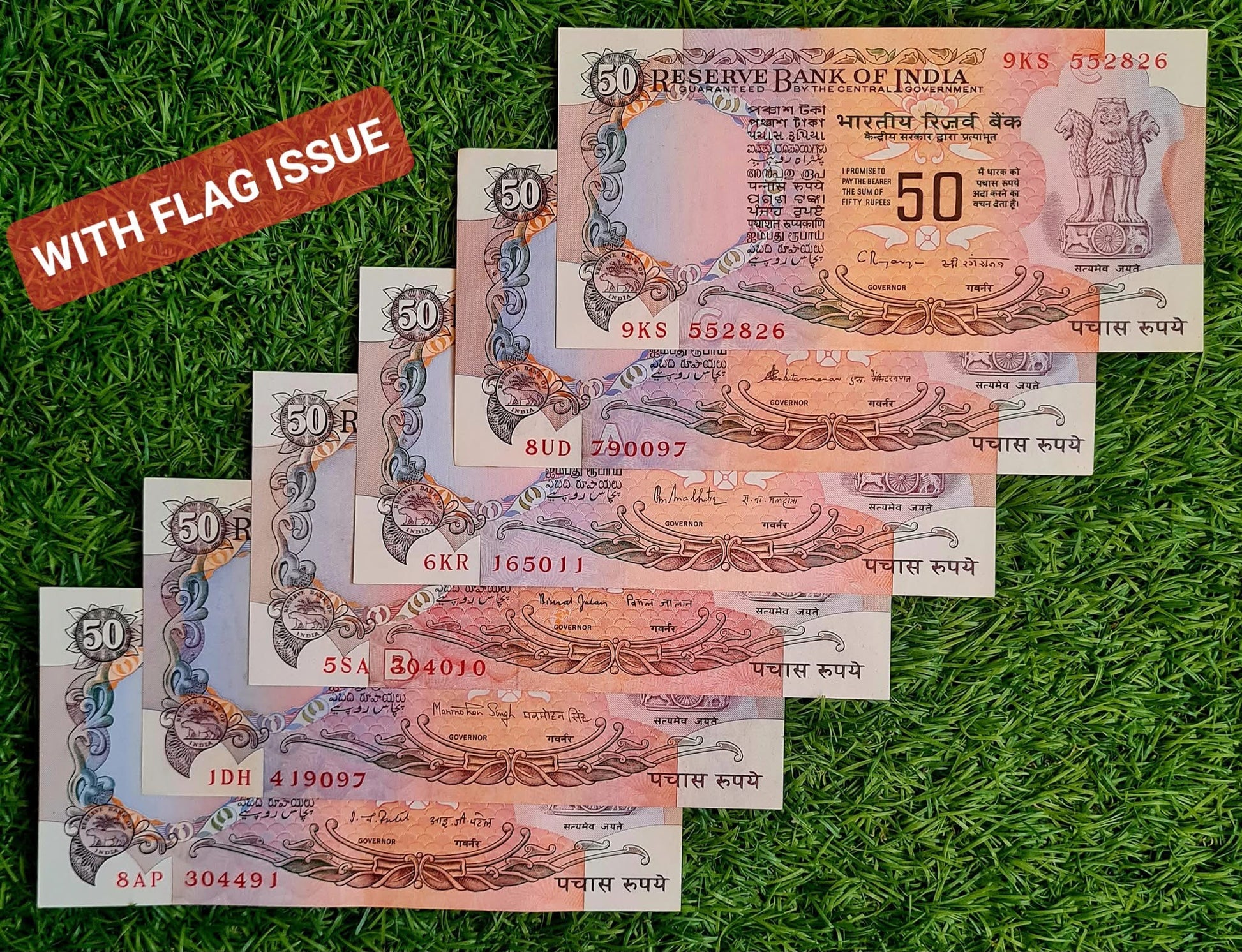 Rs 50 Parliamentary issue with flag All 6 Gov 6 note Unc set rare - Collection Bazzar