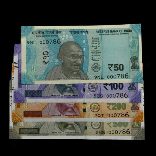 Rare Holy no Set Rs50, Rs100, Rs200, Rs500 All 000786 4 Notes - Collection Bazzar