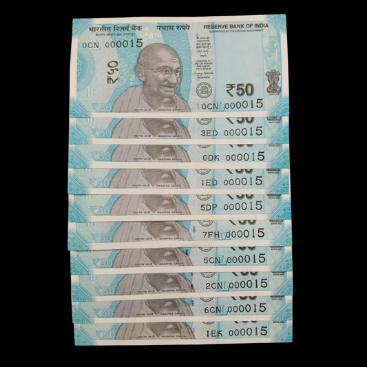 Rs 50 Super Lower Number 10 Pcs Lot 000015 Rare Difficult To Collect - Collection Bazzar