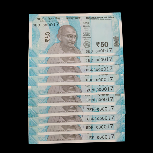 Rs 50 Super Lower Number 10 Pcs Lot 000017 Rare Difficult To Collect - Collection Bazzar