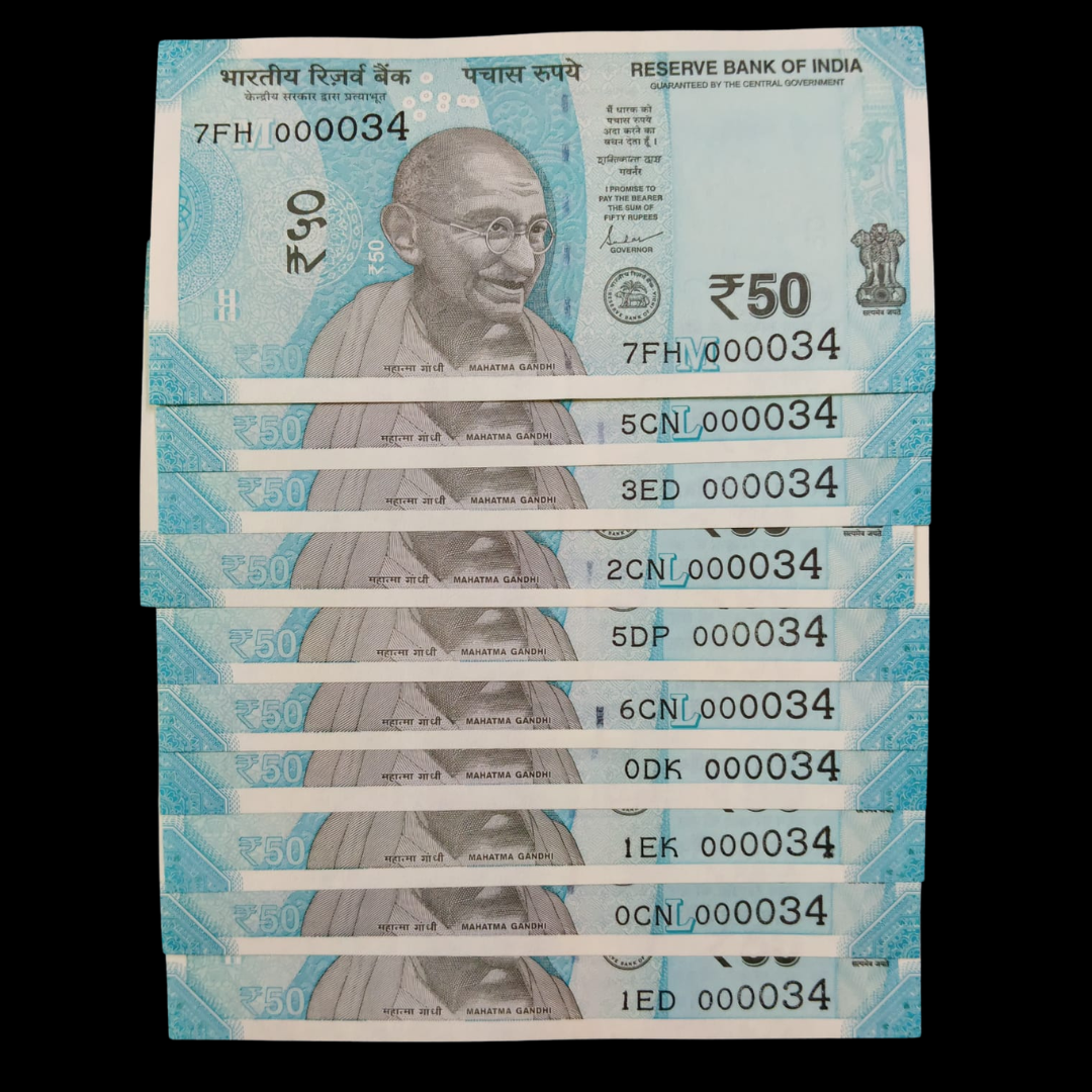 Rs 50 Super Lower Number 10 Pcs Lot 000034 Rare Difficult To Collect - Collection Bazzar