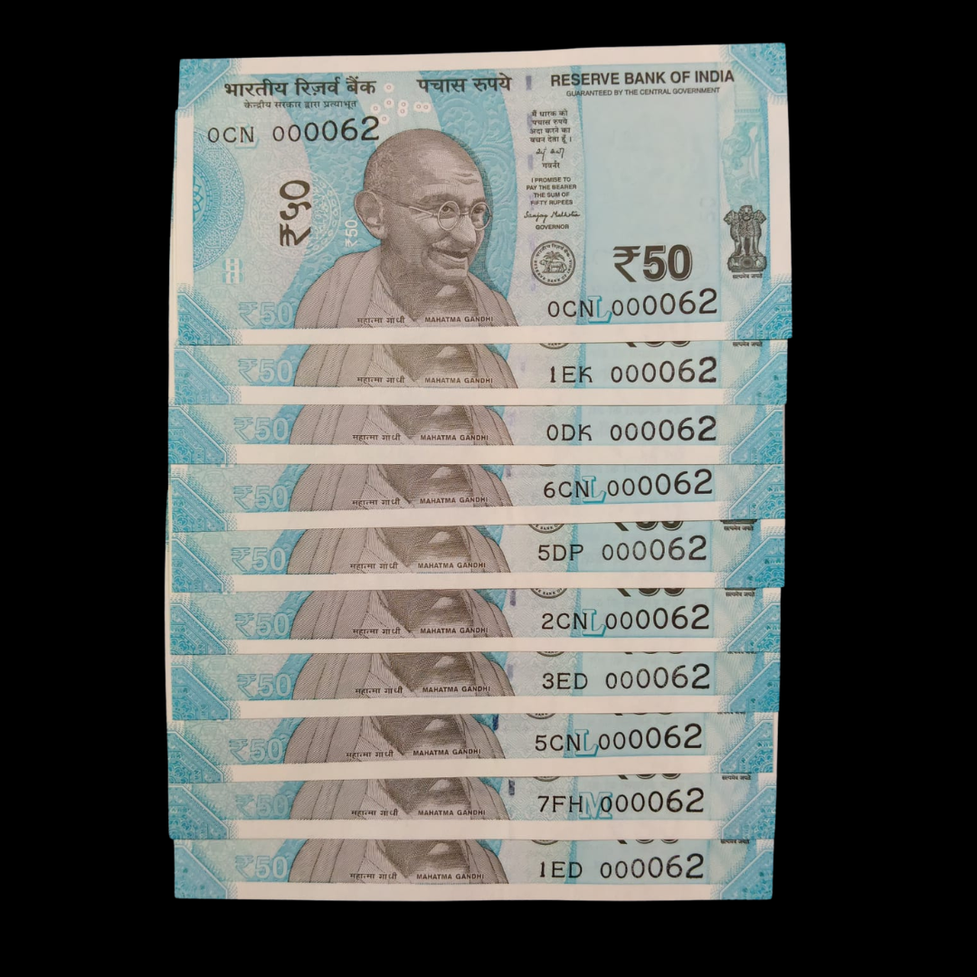 Rs 50 Super Lower Number 10 Pcs Lot 000062 Rare Difficult To Collect - Collection Bazzar