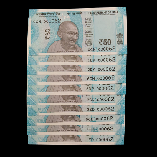 Rs 50 Super Lower Number 10 Pcs Lot 000062 Rare Difficult To Collect - Collection Bazzar