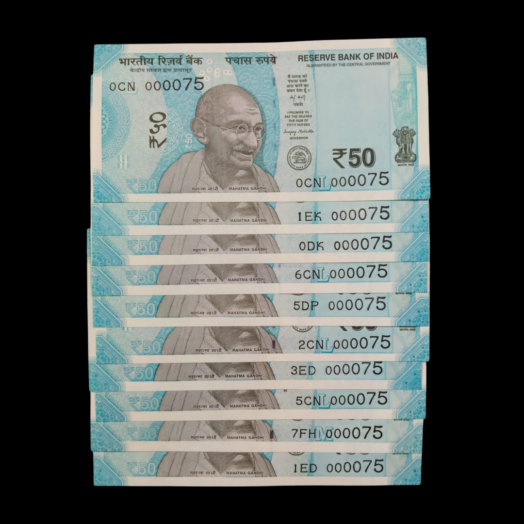 Rs 50 Super Lower Number 10 Pcs Lot 000075 Rare Difficult To Collect - Collection Bazzar