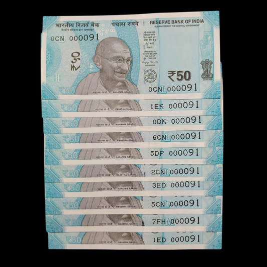 Rs 50 Super Lower Number 10 Pcs Lot 000091 Rare Difficult To Collect - Collection Bazzar