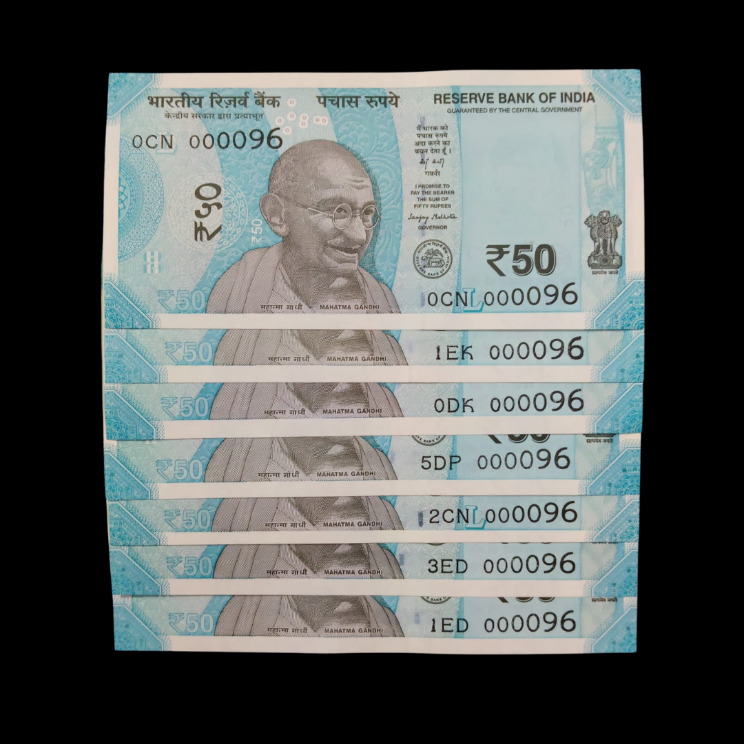 Rs 50 Super Lower Number 7 Pcs Lot 000096 Rare Difficult To Collect - Collection Bazzar