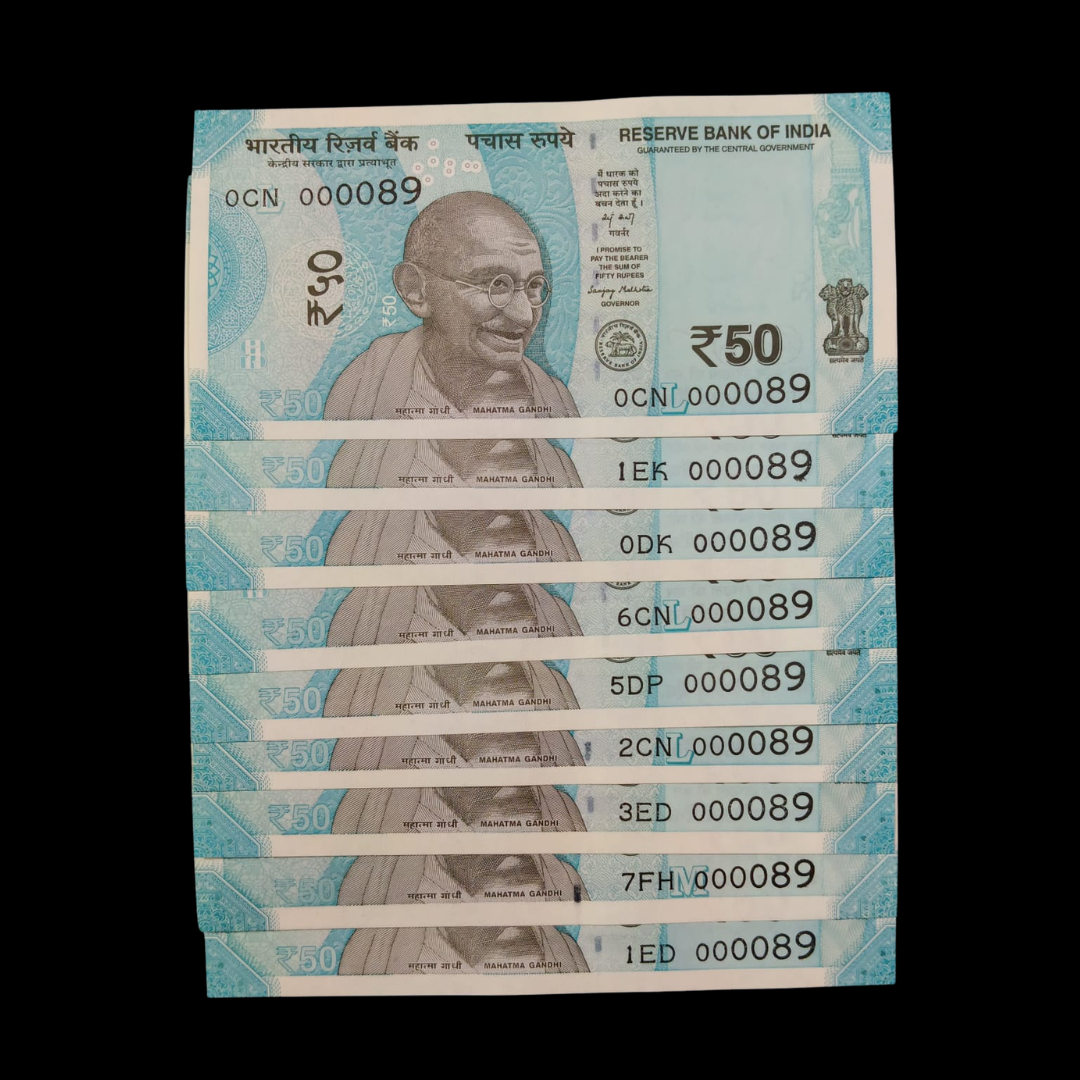 Rs 50 Super Lower Number 9 Pcs Lot 000089 Rare Difficult To Collect - Collection Bazzar