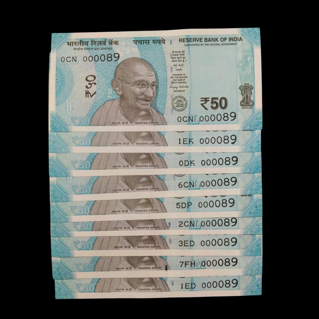 Rs 50 Super Lower Number 9 Pcs Lot 000089 Rare Difficult To Collect - Collection Bazzar