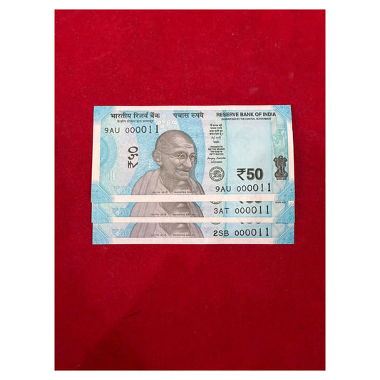 Rs 50 lower number 000011 3 note set price collectible - Collection Bazzar