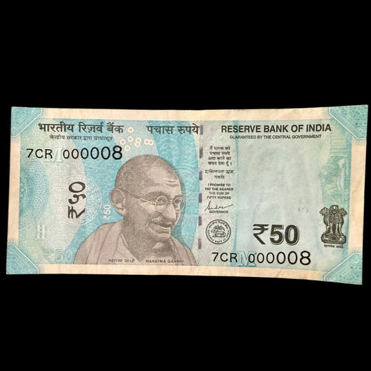 Rs 50 note 000008 lower fancy number collectible - Collection Bazzar