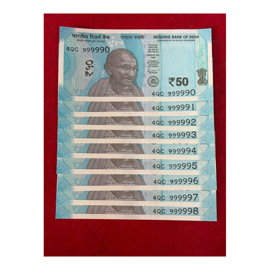 Rs 50 note set 999990-999998 fancy number rare collectible - Collection Bazzar