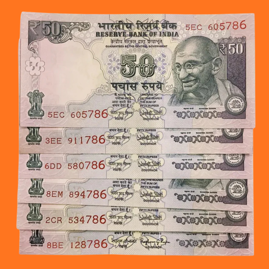 Rs 50 old 6 pis different prifix telescopic 786 holy bismillah no rare - Collection Bazzar