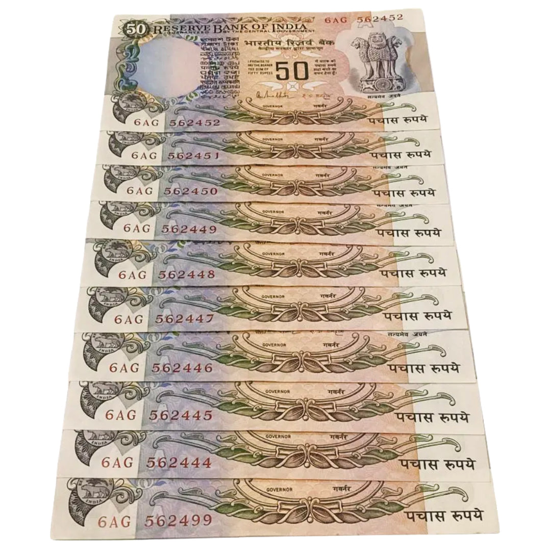 Rs 50 old Parliamentary issue R N Malhotra sign 10 notes lot rare - Collection Bazzar