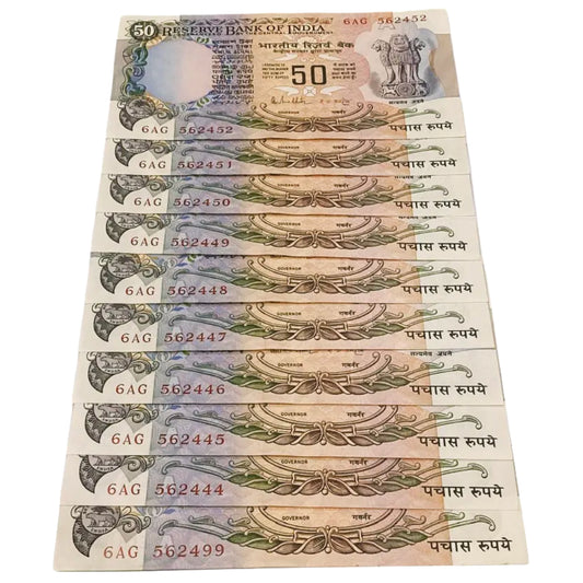 Rs 50 old Parliamentary issue R N Malhotra sign 10 notes lot rare - Collection Bazzar