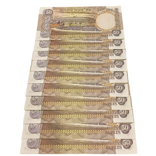 Rs 50 old Parliamentary issue R N Malhotra sign 10 notes lot rare - Collection Bazzar