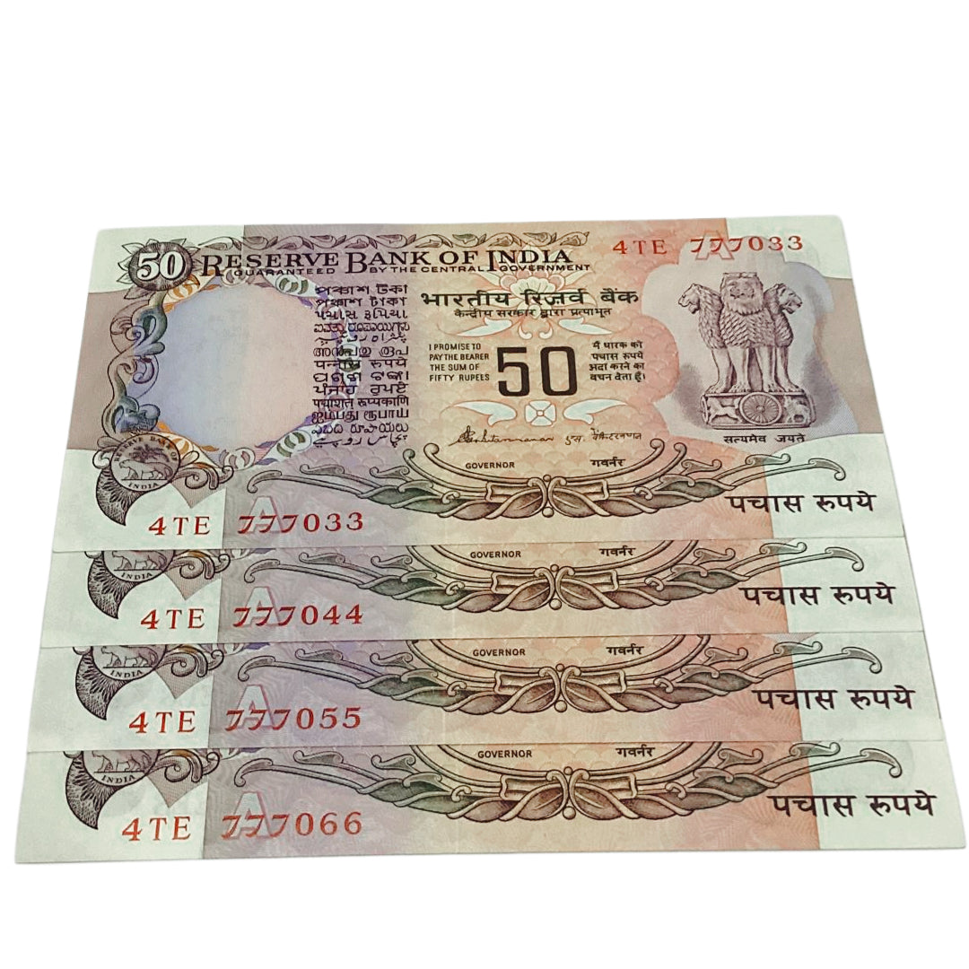 Rs 50 old Parliamentary issue semi fancy no 777 starting lot of 4 notes S venkatraman sign - Collection Bazzar