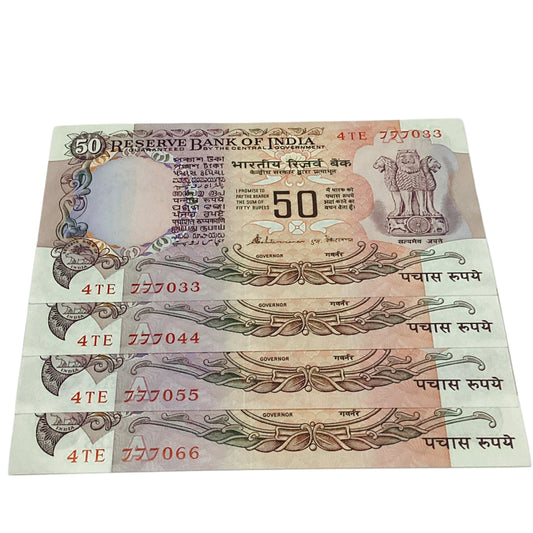 Rs 50 old Parliamentary issue semi fancy no 777 starting lot of 4 notes S venkatraman sign - Collection Bazzar
