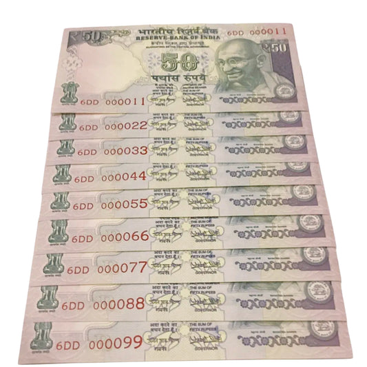 Rs 50 old Telescopic lower no semi fancy set 000011-000099 prefix 6DD Urjit Patel - Collection Bazzar