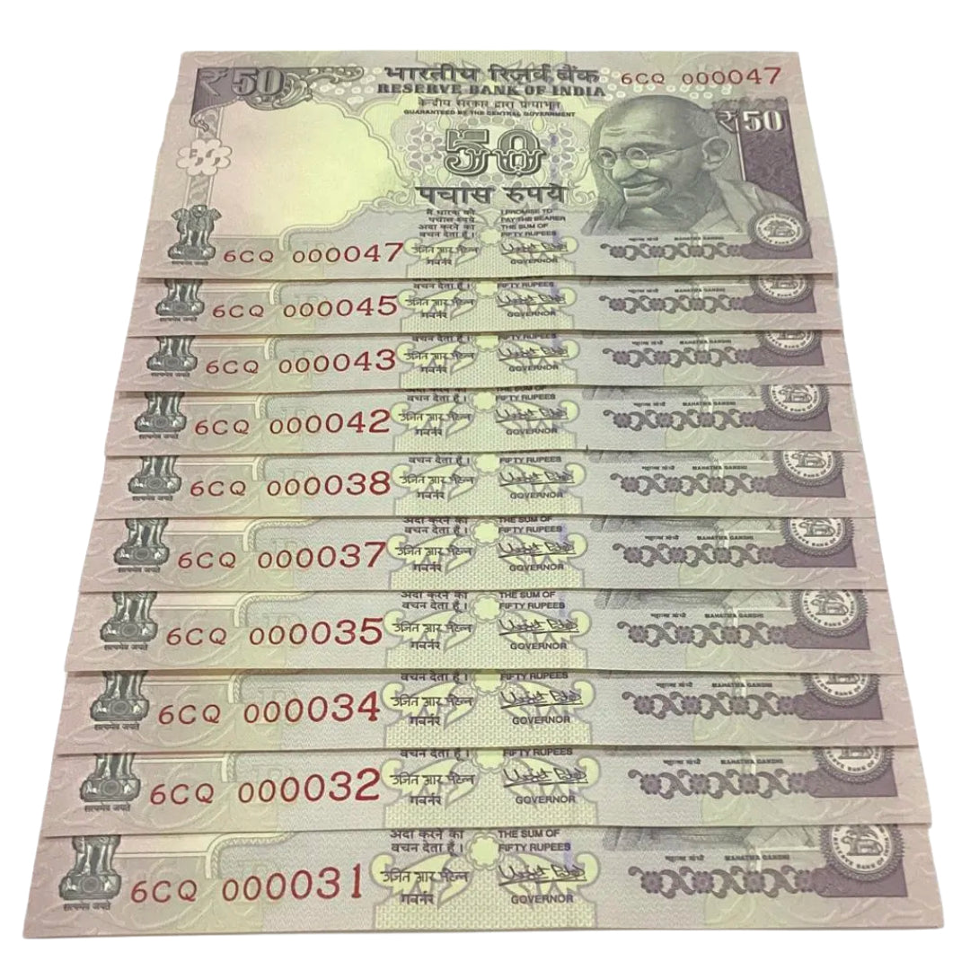 Rs 50 old Telescopic lower no semi fancy Lot(10 notes Urjit Patel) Each notes given for 499/- - Collection Bazzar