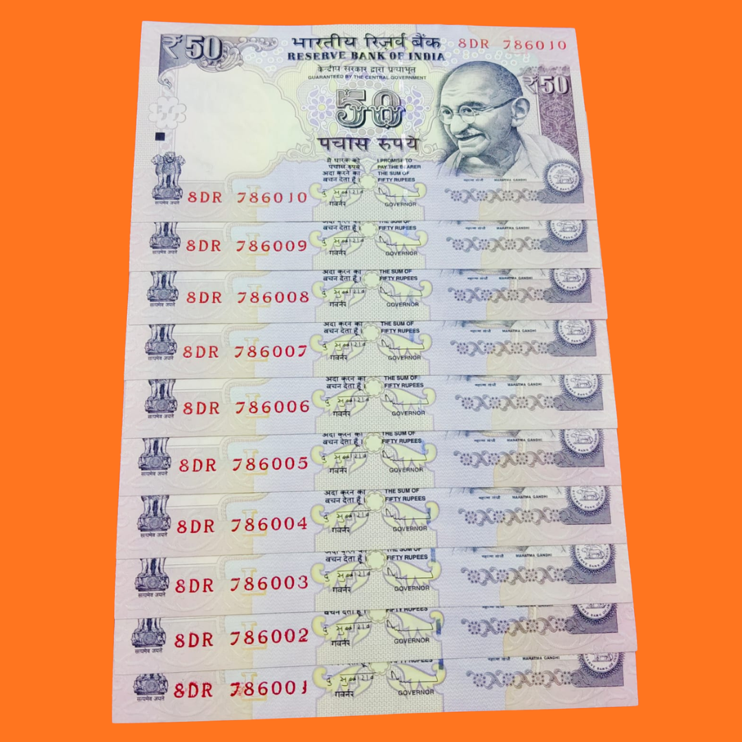 Rs 50 old bismilah holy no set 786001-10 D subbarao sign rare - Collection Bazzar