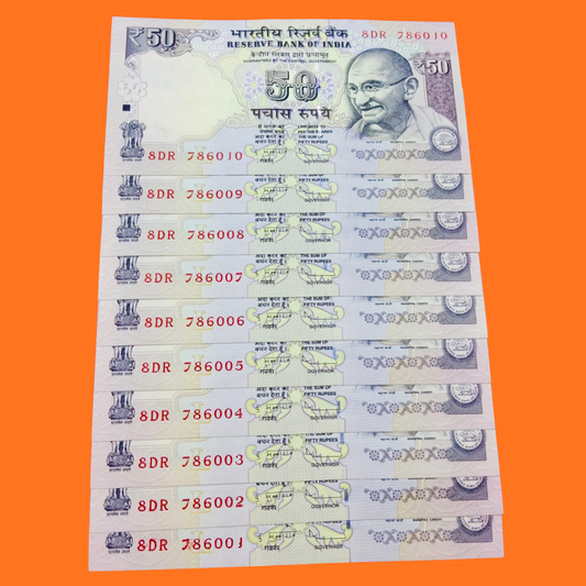 Rs 50 old bismilah holy no set 786001-10 D subbarao sign rare - Collection Bazzar
