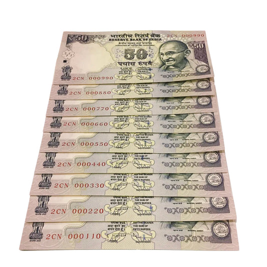 Rs 50 old  same prefix set 2CN 000110-000990 governor subbarao rare collectible - Collection Bazzar