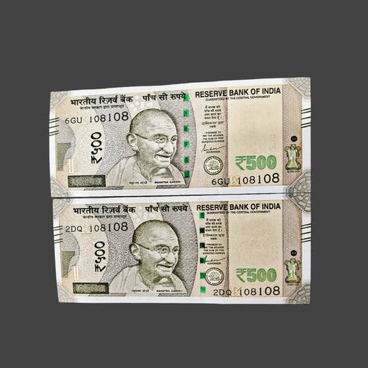 Rs 500 Note Serial 108108 Doubling Number Each note Price ₹999  | Rare Collectible - Collection Bazzar