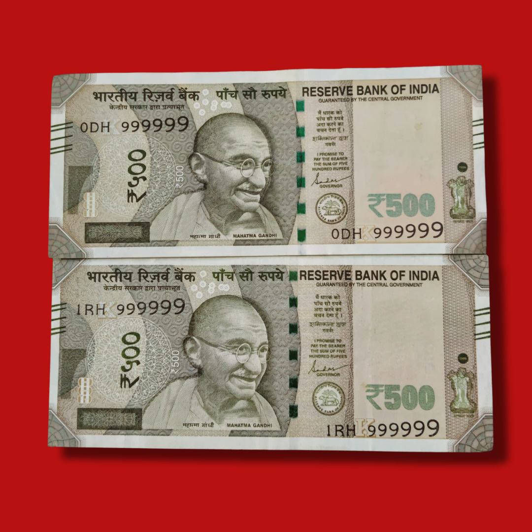 Rs 500 Note Serial 999999 Solid Numbers Fancy Number Rare 2 note set - Collection Bazzar