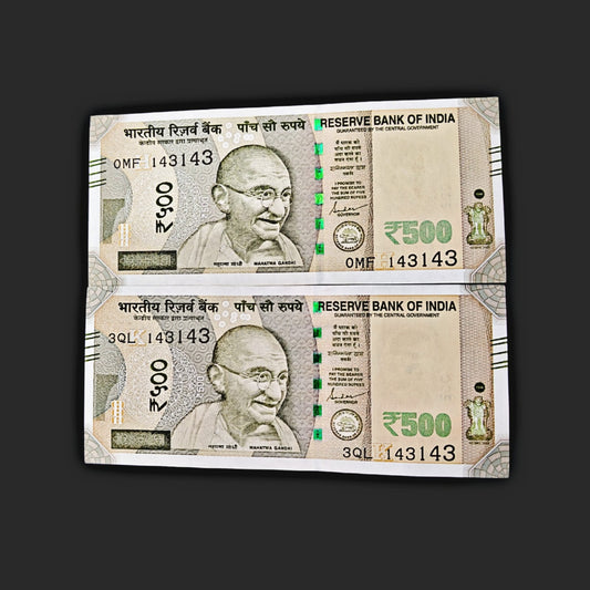 Rs 500 Note Serial 143143 Tripling Number Each note Price ₹850 i love you number | Rare Collectible - Collection Bazzar