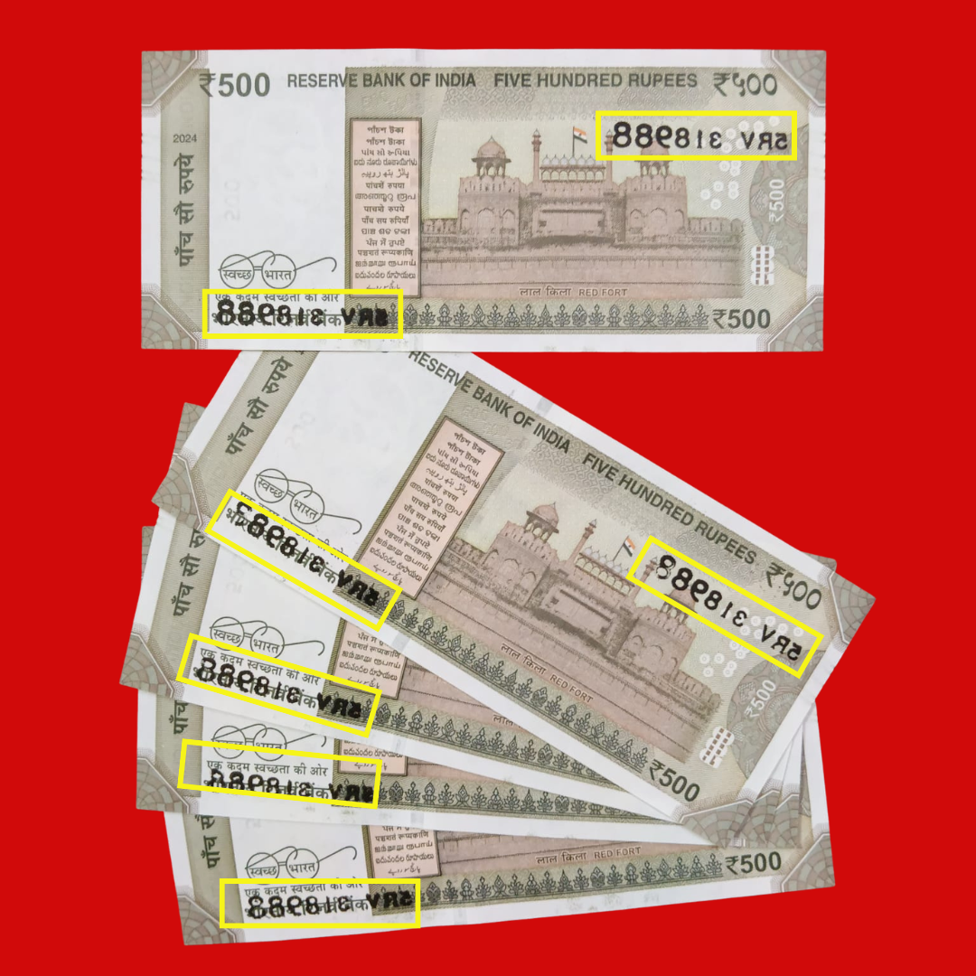 Rs 500 Set of 5 Notes Error & Misprint Serial Number Dark Print on Back each note price 1400 rs - Collection Bazzar