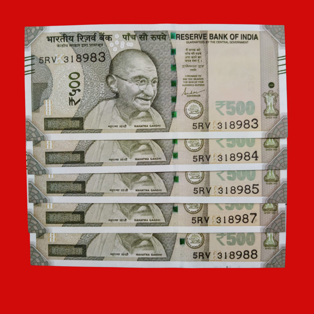 Rs 500 Set of 5 Notes Error & Misprint Serial Number Dark Print on Back each note price 1400 rs - Collection Bazzar