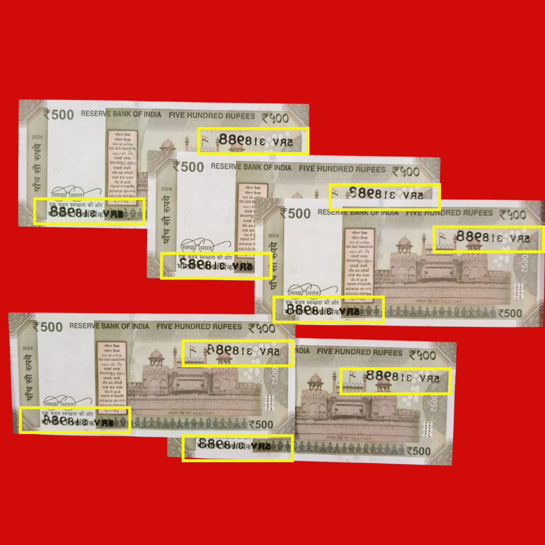Rs 500 Set of 5 Notes Error & Misprint Serial Number Dark Print on Back each note price 1400 rs - Collection Bazzar
