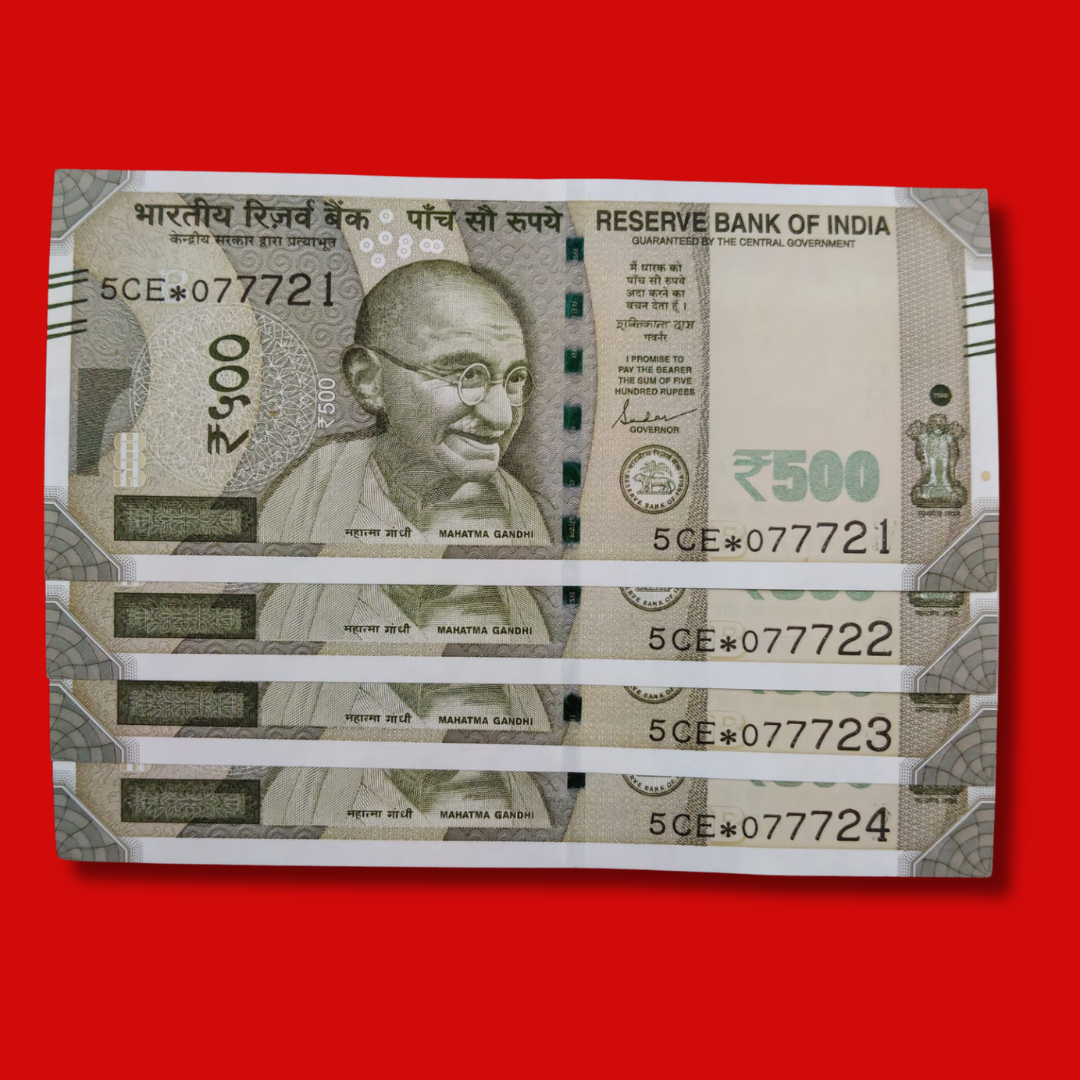 Rs 500 Star Serial 4 Notes Lot 077721 - 077724 Rare Collectible - Collection Bazzar