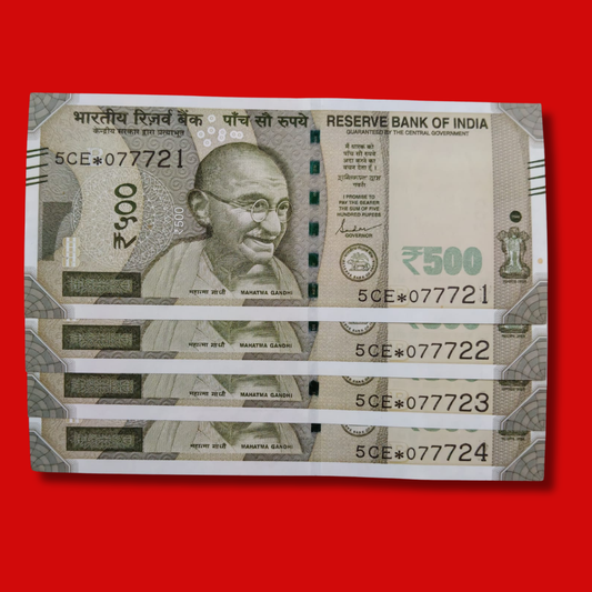Rs 500 Star Serial 4 Notes Lot 077721 - 077724 Rare Collectible - Collection Bazzar