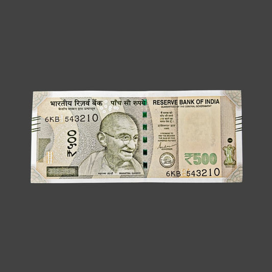 Rs 500 note prefix 6KB 543210 reverse ladder 0123456 governor shaktikant das rare collectible - Collection Bazzar