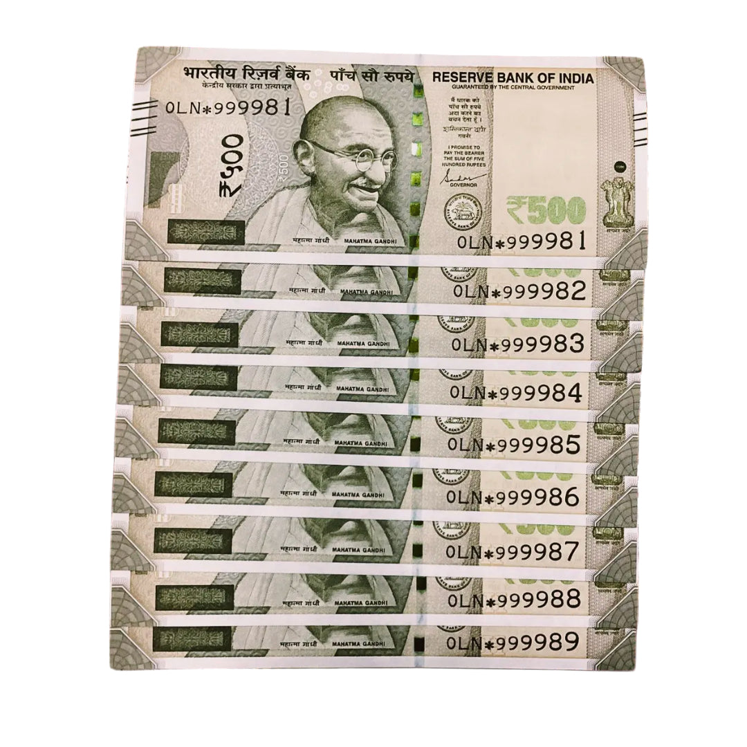 Rs 500 star same prefix 999981-999989 set 9 note set rare collectible - Collection Bazzar
